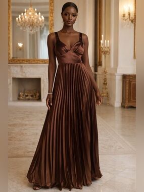✨ Mexmy NWT Chocolate Satin Maxi Dress | Corset Back | Elegant Pleated Skirt ✨